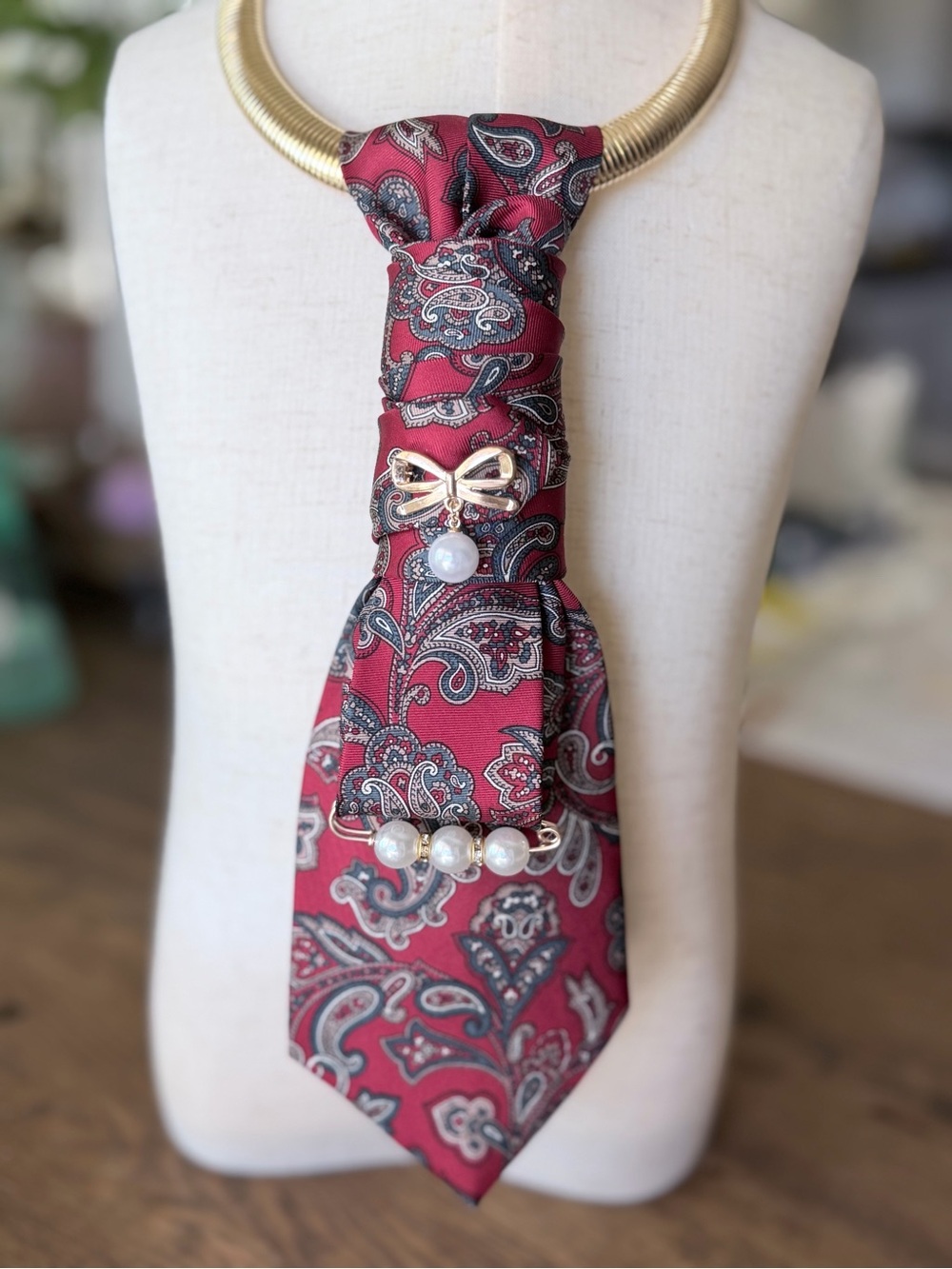 Maroon Paisley necktie necklace
